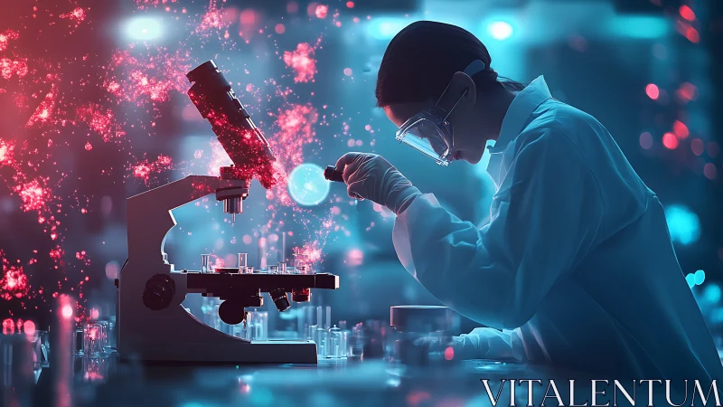 Scientist conducts microscopic laboratory analysis under neon light