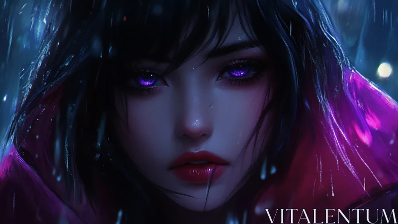 Purple eyed woman in rain with vivid neon lighting.