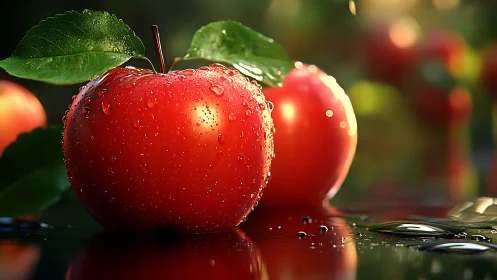 Glistening orchard apples bask in liquid morning light.