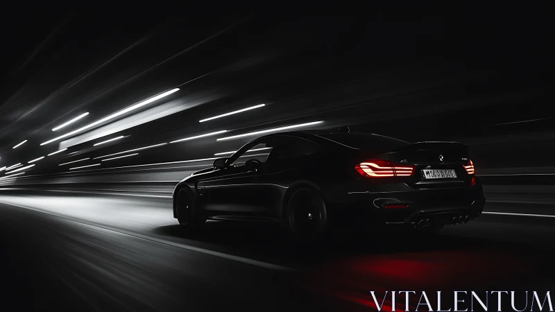 Black sports coupe accelerates through dark tunnel at night