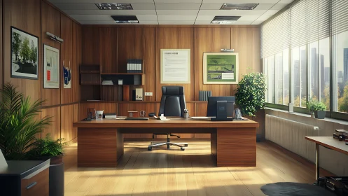 Executive office rendered in warm wood tones and daylight.