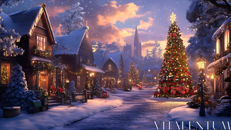 Snowy village street with decorated Christmas tree at dusk.