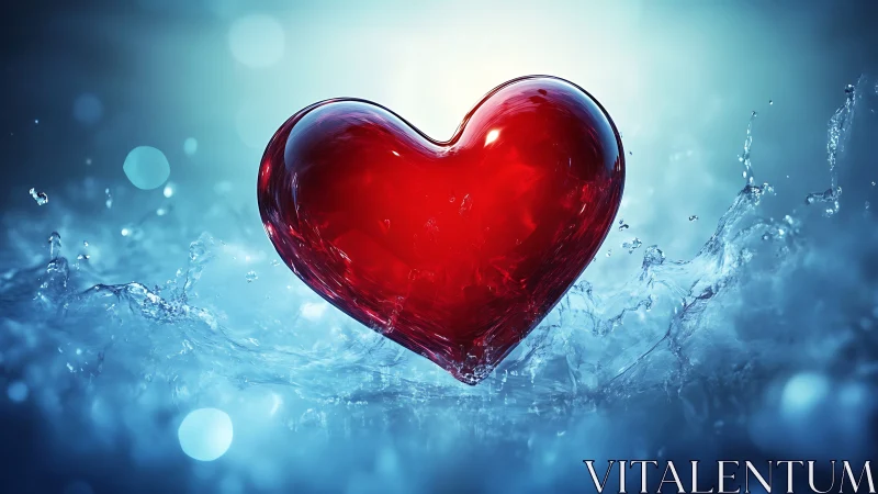 Red Glass Heart in Blue Water Splash.