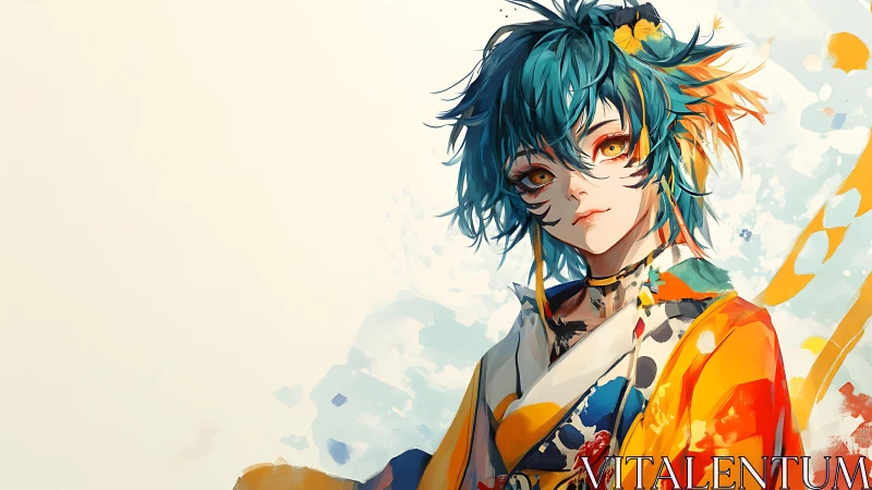 Vibrant kimono youth with teal hair and golden gaze portrait.