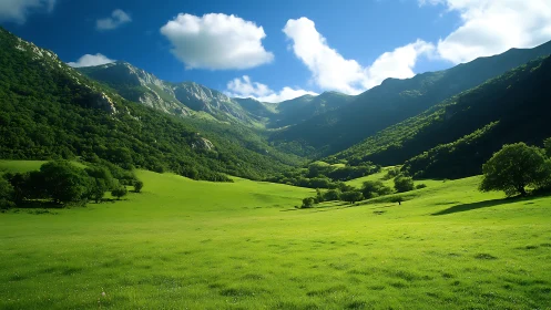 Sunlit green valley below rugged forested mountain ridge.