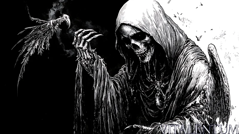 Grim reaper commands a spectral raven in stark monochrome
