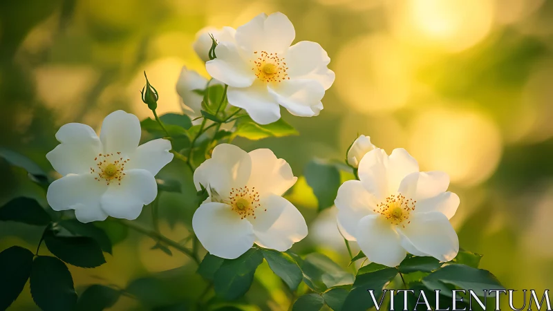 White Roses in Golden Sunlight: Delicate Blooms with Yellow Stamens.