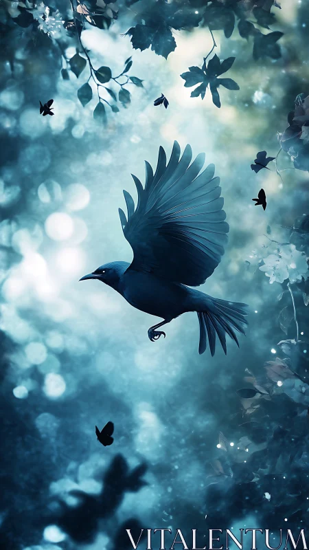 Nocturnal corvid silhouette in teal bokeh forest glade