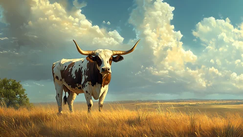 Longhorn cow stands in golden grassland under tall clouds