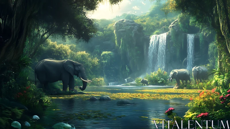 Elephants standing in lush jungle river with waterfalls.