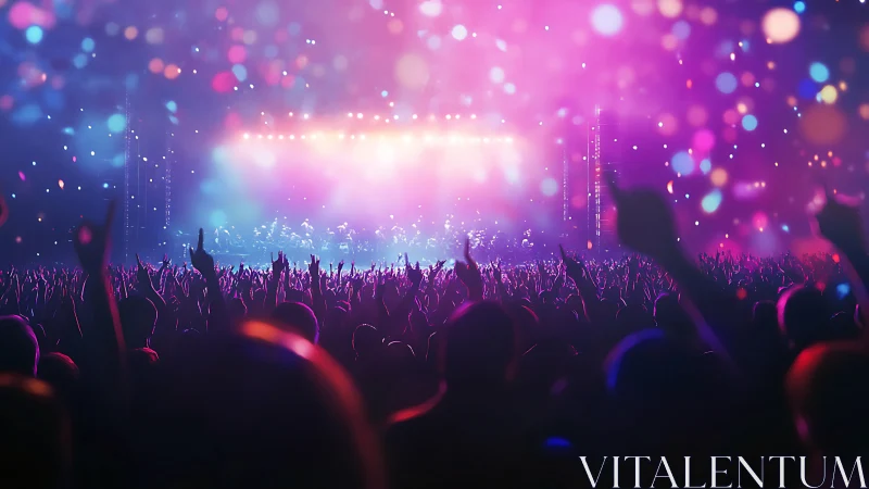 Electric crowd below neon-lit concert stage in motion.