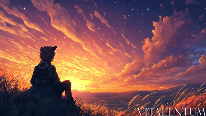 Solitary figure watching vivid orange sunset sky.