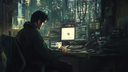 Lone urban hacker at multi-monitor rig in neon city loft.