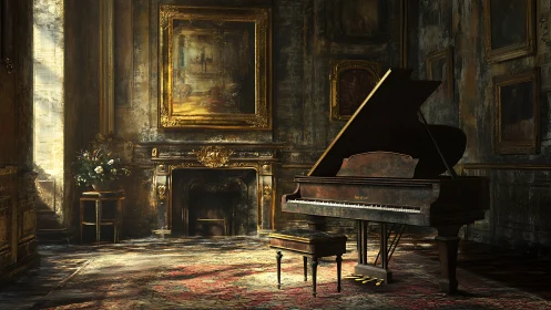 Grand piano in ornate, sunlit historic interior room.