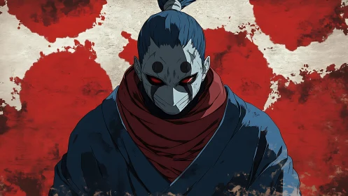 Masked warrior with red eyes against distressed backdrop.