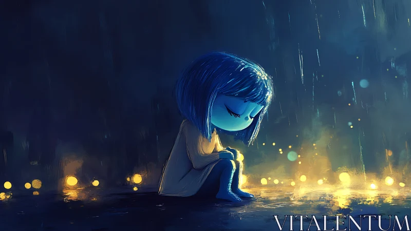 Childlike figure sits in rain with surrounding yellow light orbs