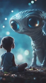 Cinematic child–alien encounter in nocturnal forest tableau.