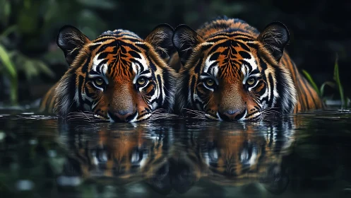 Two Tigers Swimming in Pristine Water. Striking Striped Markings.