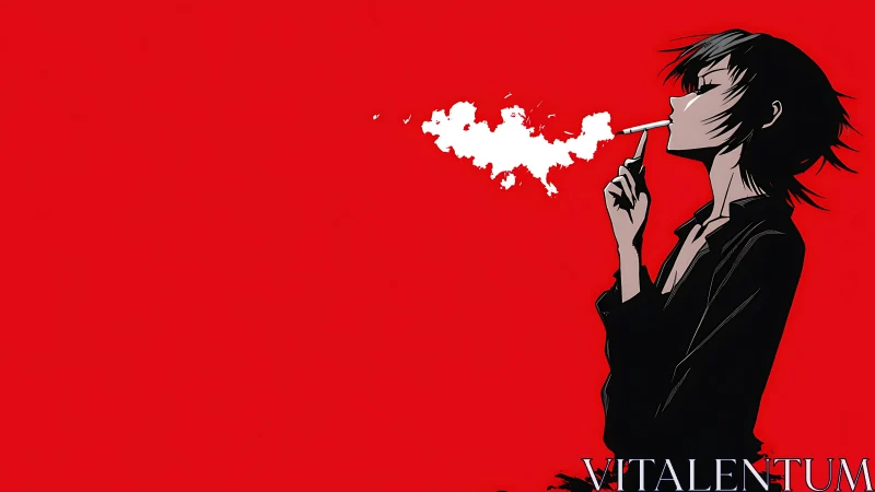 Solitary anime figure exhales smoke against vivid red void.