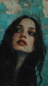Moody painted portrait of young woman against teal wall.