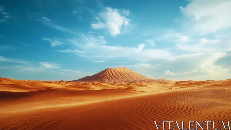 Golden desert dunes under bright blue sky panorama.