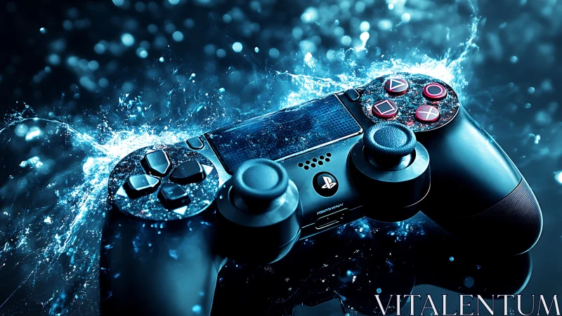 PlayStation style game controller splashes through blue water