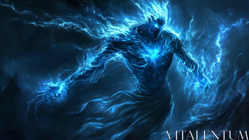 Electric blue energy wraith emerges from swirling darkness