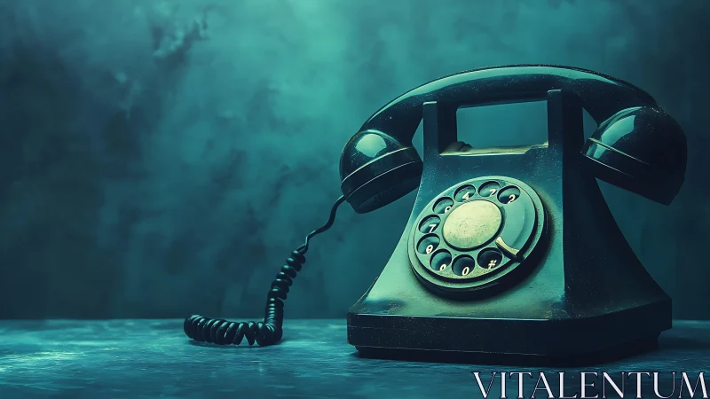Vintage rotary telephone on moody teal studio background.