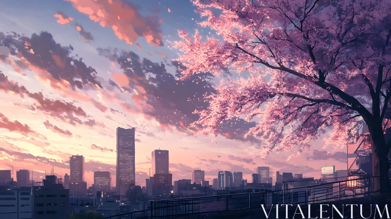 Sakura skyline at sunset over stylized modern city horizon.