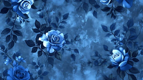 Blue floral composition with rendered roses against textured atmospheric background