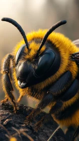 Macro portrait of fuzzy bee with golden thoracic plumage.