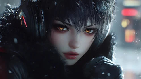 Cybernetic winter portrait of headphone wearer in snow.