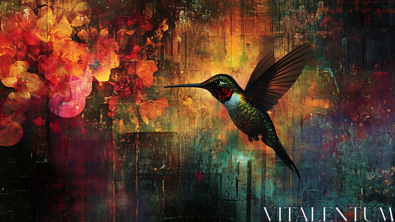 Vibrant hummingbird hovers in a glowing abstract bloom haze