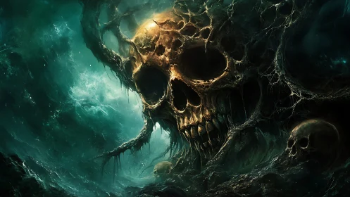Drowned titan skull smolders through storm-torn abyssal surf