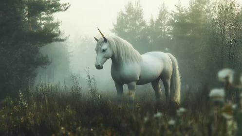 White unicorn standing in misty conifer forest clearing.