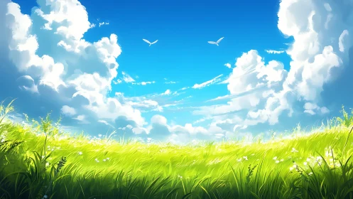 Bright summer meadow beneath storybook clouds and sky.