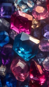 Mixed cut colored gemstones under controlled lighting.