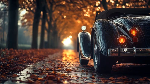 Autumn boulevard farewell with a gleaming vintage roadster.