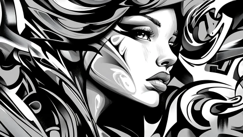 Monochrome vector femme amid dynamic abstract curvature fields.