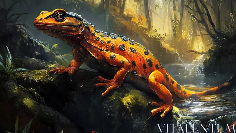 Bright forest salamander resting beside a glowing stream.