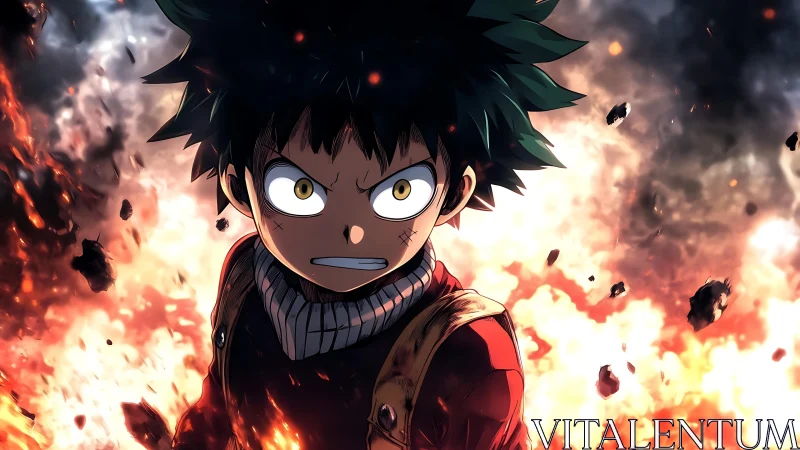 Determined anime hero stands amid explosive fiery chaos.