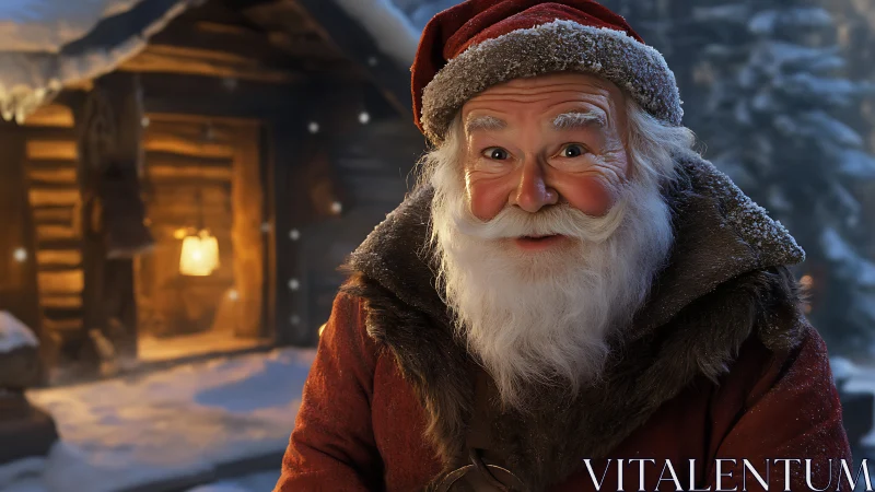 Snow-dusted Santa portrait outside log cabin, soft bokeh glow.