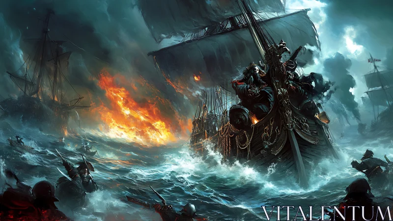 Storm-lit pirate armada carving chaos through burning seas.