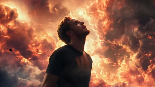 Wonderstruck man gazing into fiery, swirling cosmic sky.