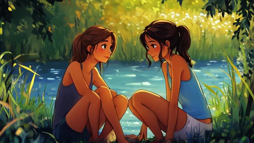 Summer riverbank sisters in soft glowing anime light.