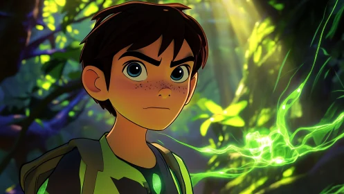Animated boy stands in stylized forest with green light
