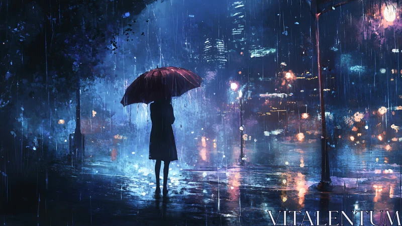 Backlit silhouette under red umbrella in neon drenched night rain