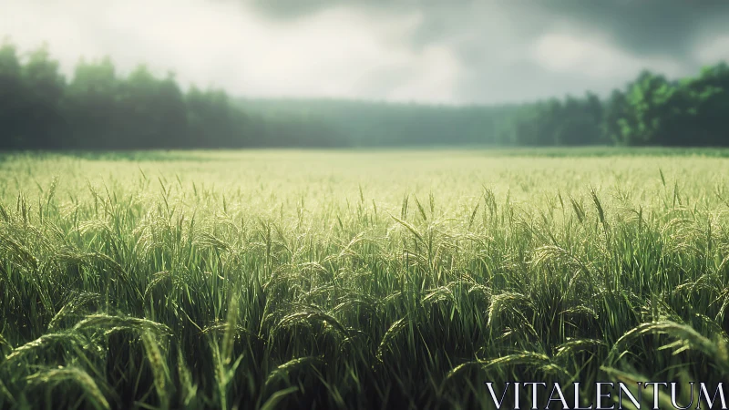 Sunlit wheat whispers under brooding morning sky.