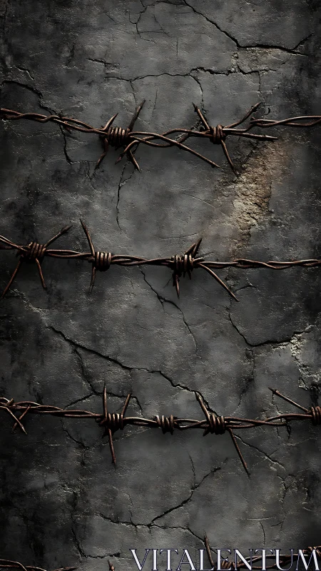 Rust-bitten barbed wire quietly scribbles lines on stone