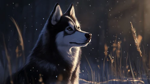 Gentle husky gazes toward soft winter light in quiet snow